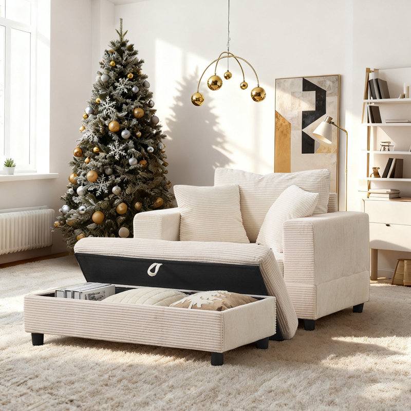 Corduroy Upholstered Sofa Lounge Chair with Removable Storage Ottoman and Pillows, Beige, Storage Ottoman