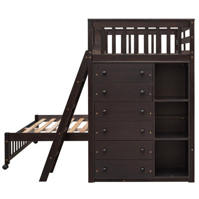 Lit superposé en bois avec lit simple au-dessus de la taille double, six tiroirs et tablettes mobiles sur le dessus, 6 tablettes polyvalentes, roulettes