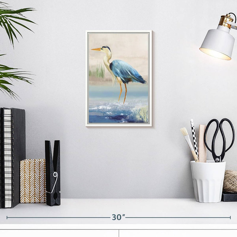 Héron sur la plage, 9" x 13", Floating Frame White