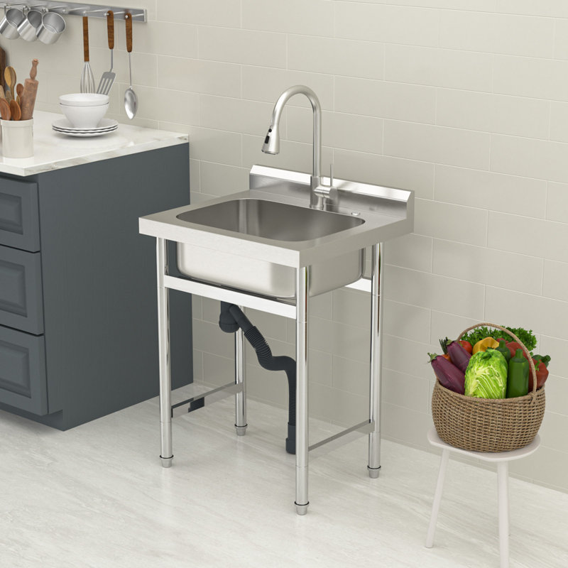 25"x21" Free Standing Utility Commercial Sink Single Bowl Stainless Steel Laundry Utility Sink Deep Basin Indoor/Outdoor Restaurant Commercial Sink with Faucet, Inter Hose and Drain Pie Assembly