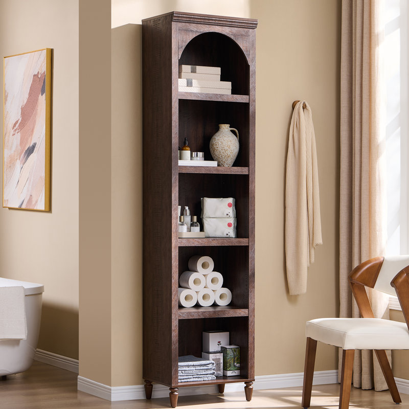 Armoire de salle de bain arquée haute de 76 po à 5 niveaux Ahart, H 76 po x l 18,75 po x P 13,25 po, Brun