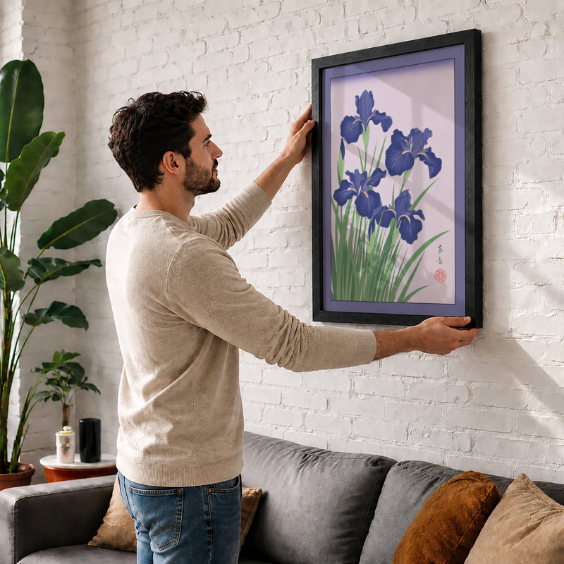 Blue Irises with Seal Japandi - Framed Print, A1 - 84.1 x 59.4 cm, Oak
