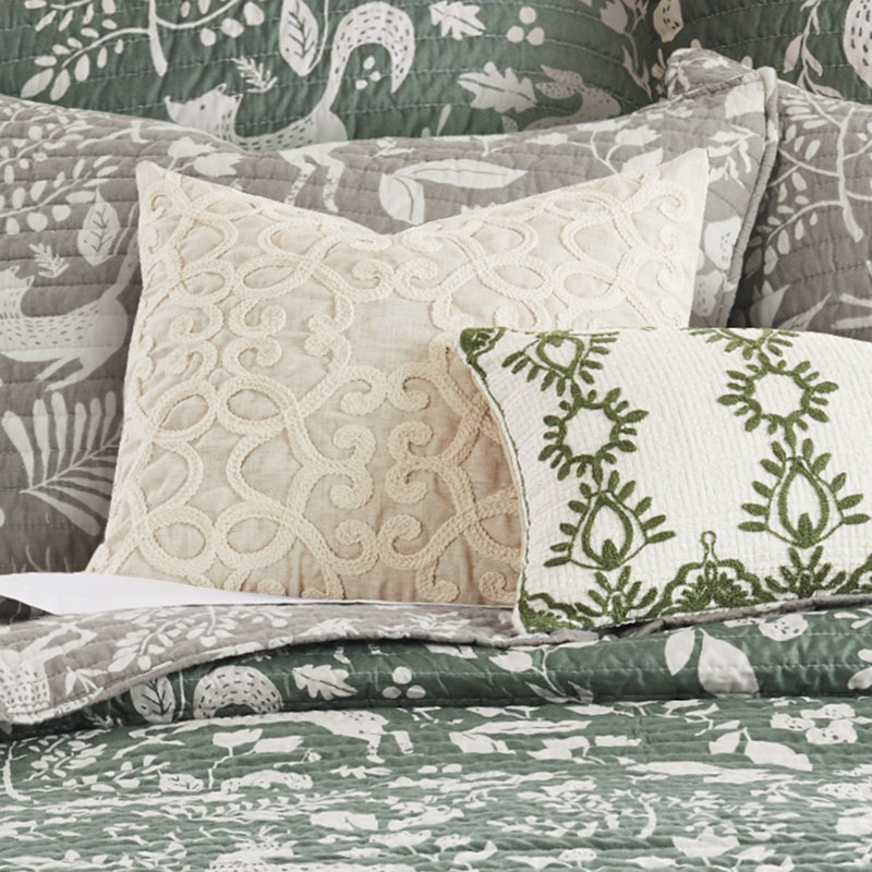 18x18 Cream Crewel Stitched Filigree Decorative Pillow