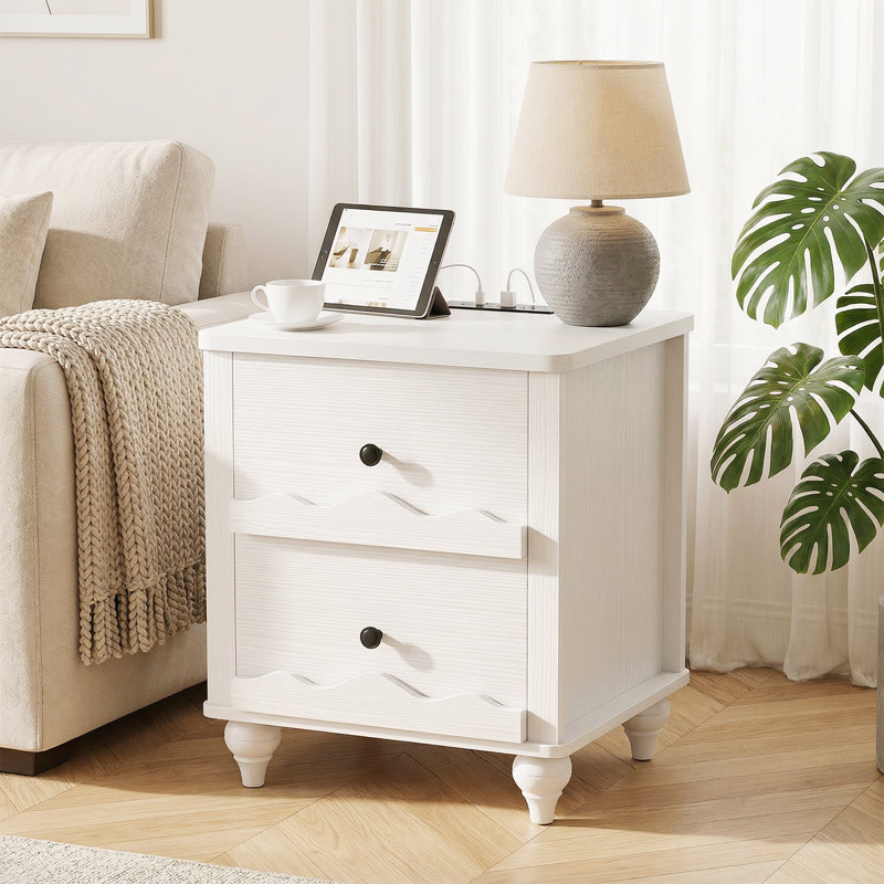  Scalloped Nightstand with Wooden Drawers and Charging Station, White