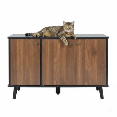 Meuble de rangement pour litière pour chat avec trois portes et prise dissimulée, servant de banc de rangement pour salle de bain, de table d'appoint et de chatière, grande enceinte en bois, noir et noyer