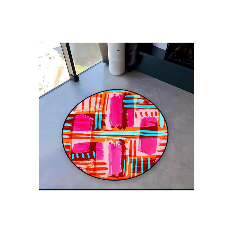 Pink Themed Abstract Geometric Patterned Round Woven Base Modern Decorative Carpet, Round 2'8"