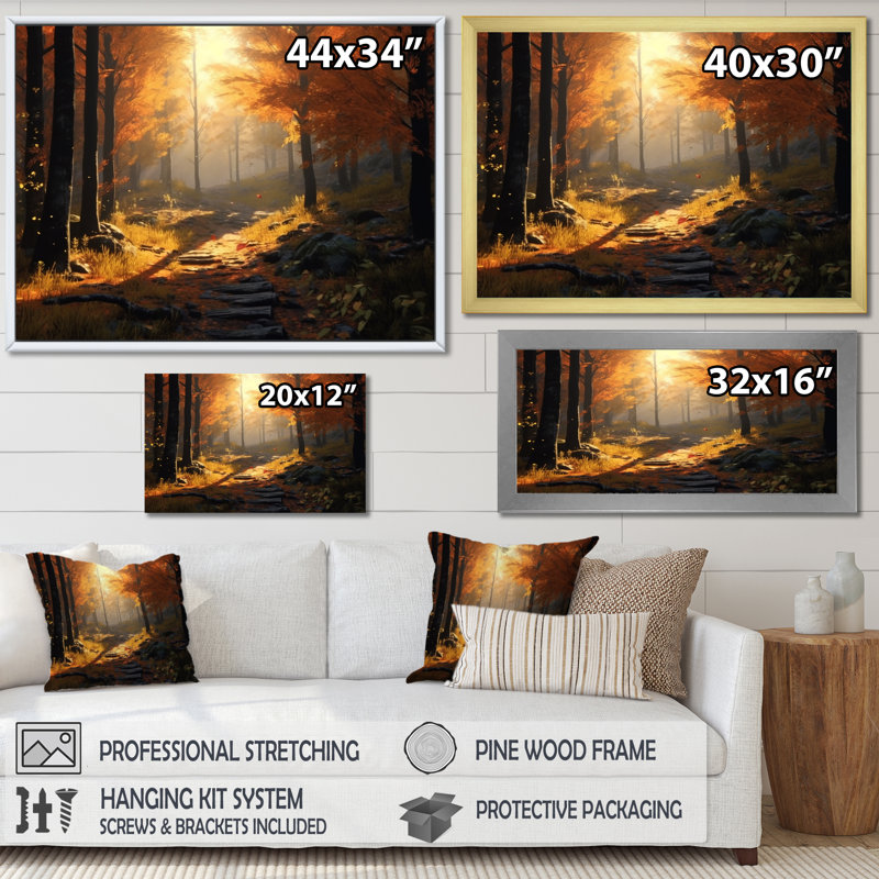 Forêt, sérénité, après-midi, lumière du soleil en automne sur toile, H 16 po x l 32 po x P 1 po, Cadre flottant doré
