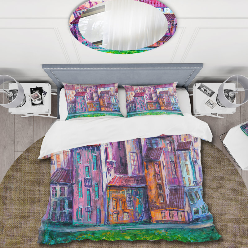 Street With Colorful Old Homes - Ensemble de housse de couette moderne - Microfibre de polyester