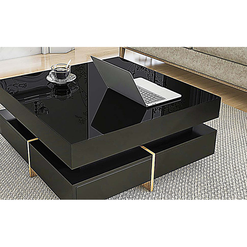 Table basse moderne avec 4 tiroirs, table centrale carrée multi-rangement avec pieds en bois, Noir et or