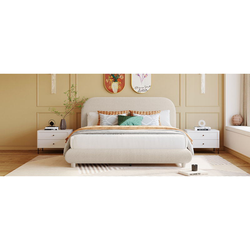 Lit plateforme en tissu d'ameublement Teddy, Beige, Grand lit