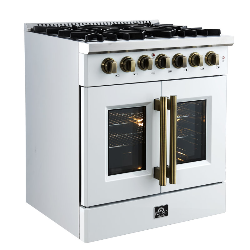 Cuisinière à double foyer à combustion double 30 po Galiano, blanc ou noir et laiton antique, four à convection véritable 4,32 pi³