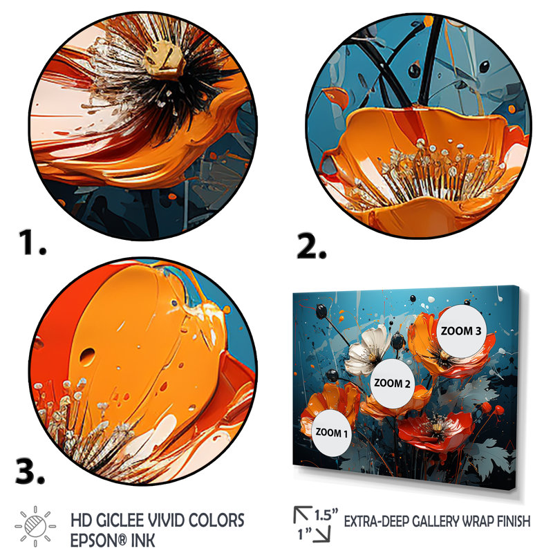 Bouquet de coquelicots orange et bleu I - coquelicots, art mural, Cadre doré à coins fermés, H 34 po x l 44 po x P 1,5 po