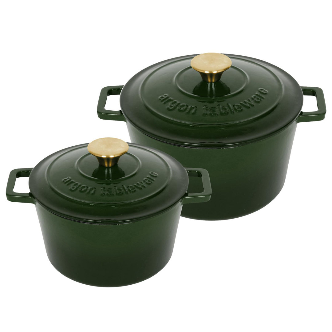 B&Q - 2.8L & 4.5L Round Cast Iron Casserole Dish Set With Self-Basting LidsGreenDutch Oven Roasting Pots - Image 2