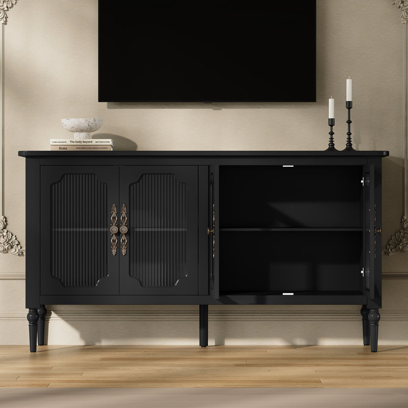 58'' Vintage Sideboard Buffet Cabinet, 4 Fluted Tempered Glass Doors Credenza Solid Wood Turned Legs, Black