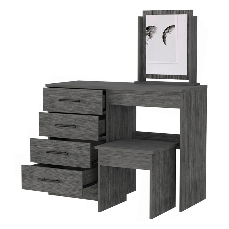 Stonington 4-Drawer Makeup Dressing Table With Stool, Gray