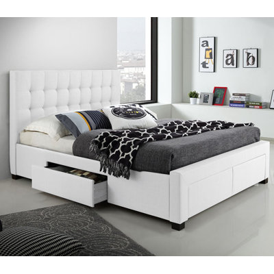 Lit plateforme en lin avec capitonnage à boutons profonds, contemporain, blanc, très grand