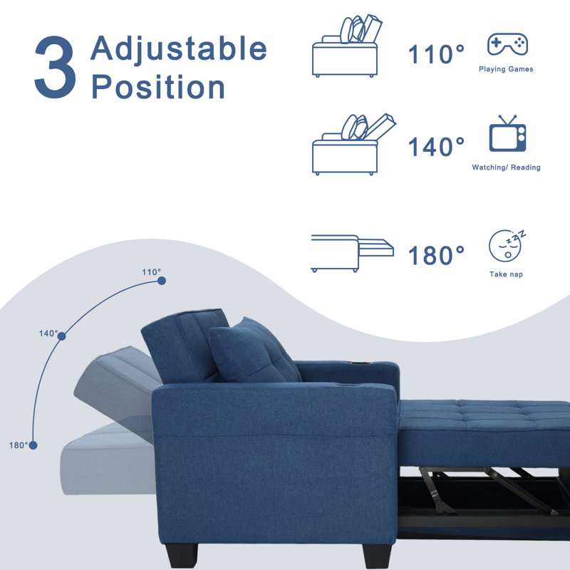 Latitude Run 36.6" Wide Convertible Chair 3-In-1 Pull Out Sleeper Futon Chair Beds with USB, Navy Blue 100% Linen