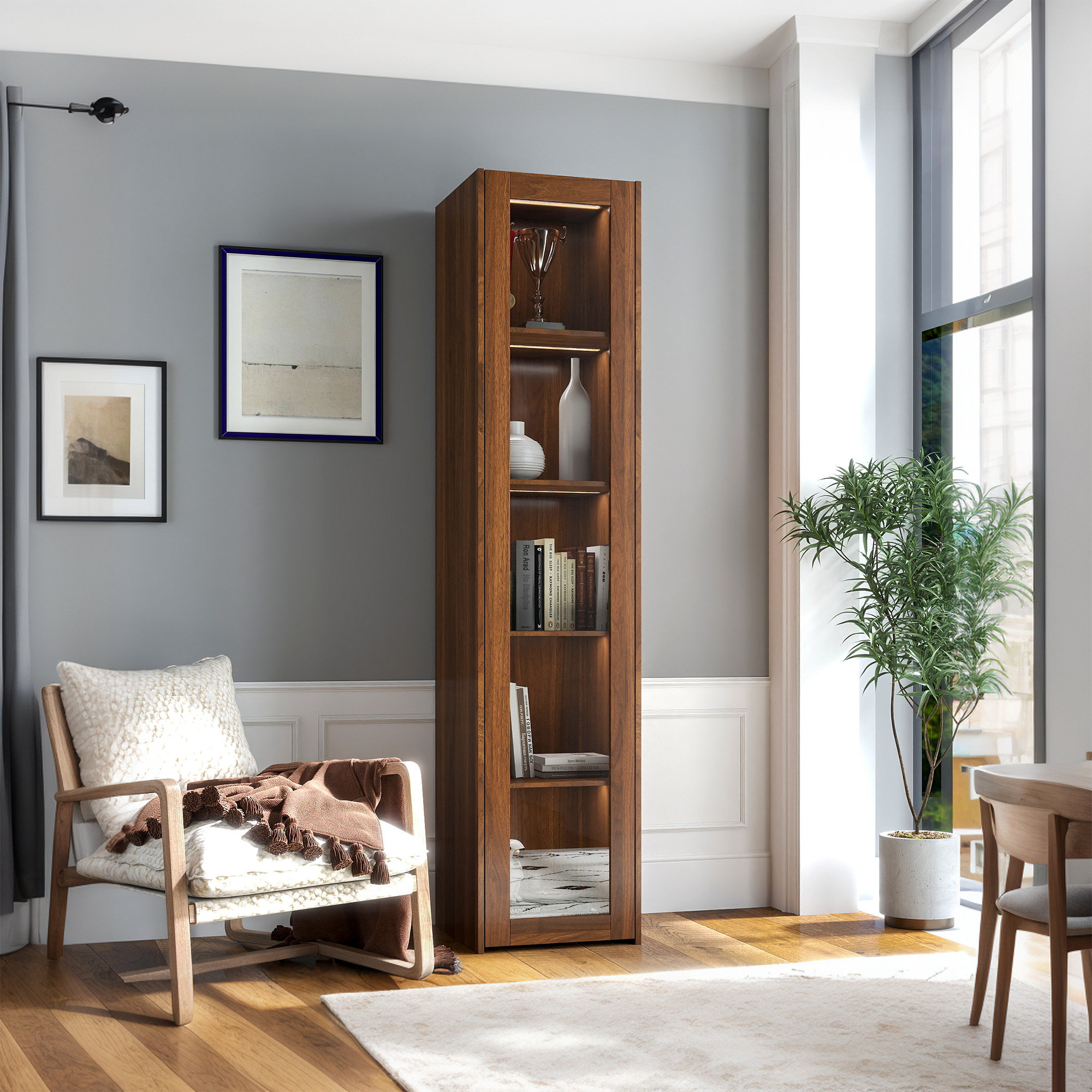 Ebern Designs 5-Shelf Glass Door Display Cabinet With LED Lights