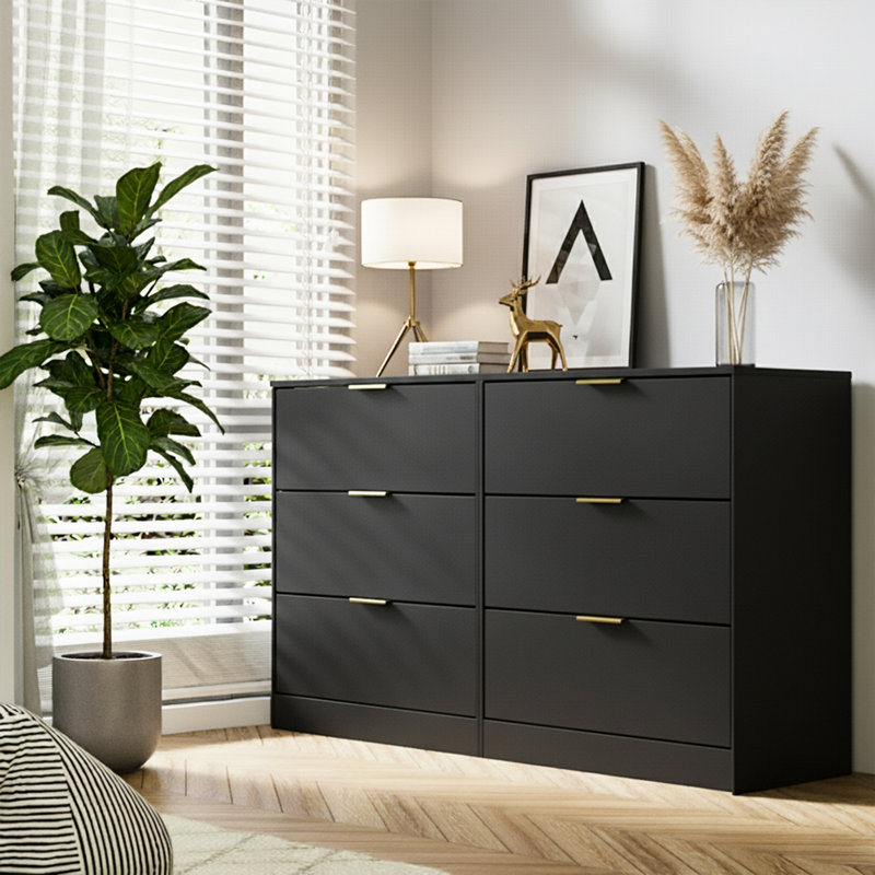 6 Drawer 47.1" W Wood Modern Double Dresser, Black