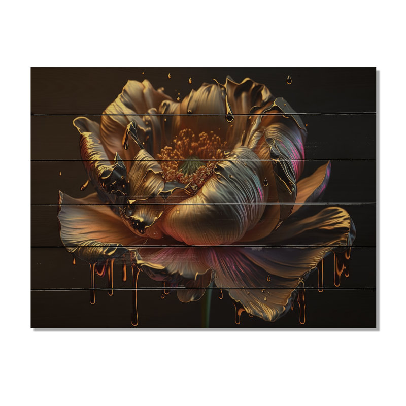 Pivoine arc-en-ciel liquide or I - impression sans cadre sur bois, H 24 po x l 32 po x P 1 po