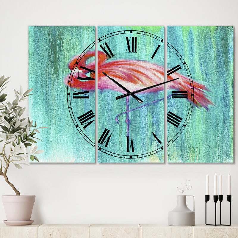 Horloge murale 3 panneaux Pink Flamingo