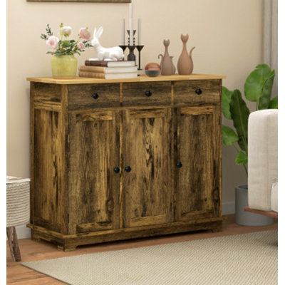 Buffet d'armoire de cuisine moderne brun rustique avec 3 tiroirs et tablettes de rangement réglables pour