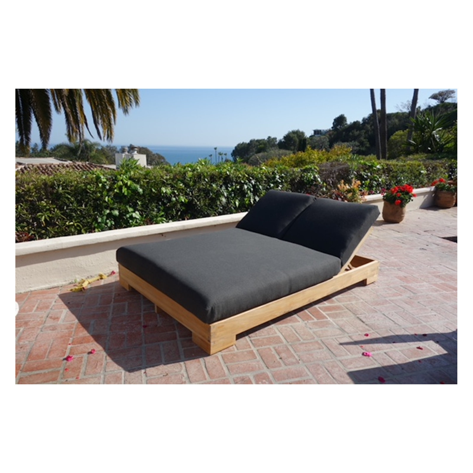 Sequoia Teak Double Chaise Lounge with Sunbrella Cushions , Canvas Black Sunbrella