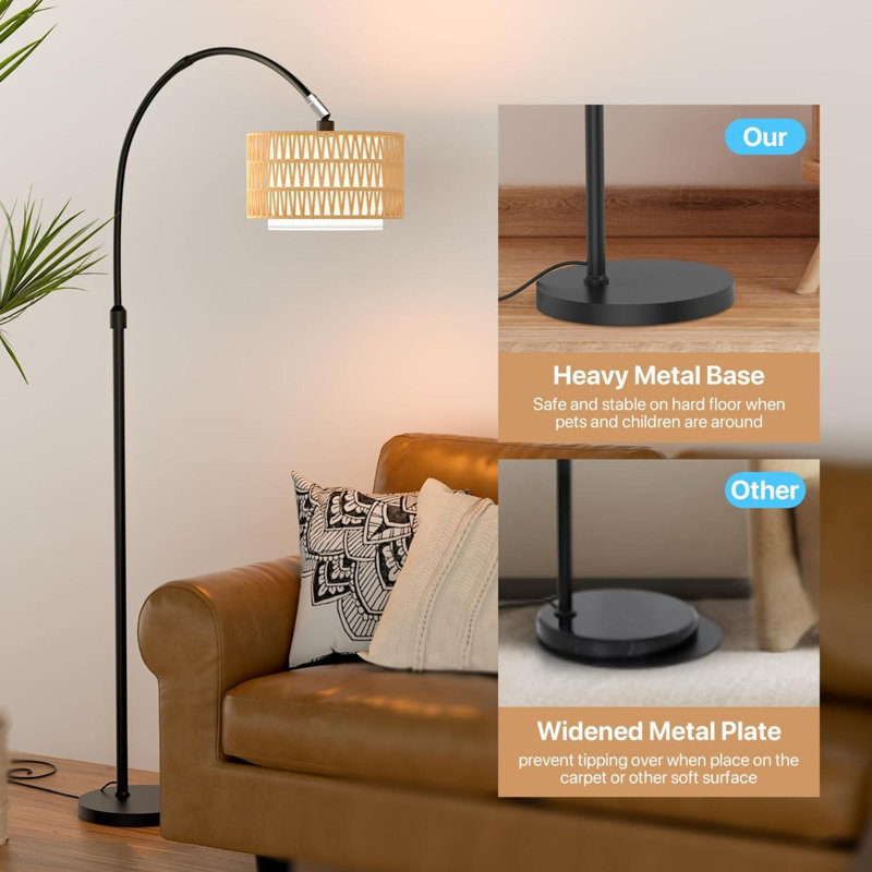 Arc Floor Lamp With Remote Control, Dimmable LED Floor Lamp With  Temperature, Standing Lamp With Rattan & Fabric Double Drum Shade, Boho Farmhouse Tall Floor Lamp For Living Room Bedroom