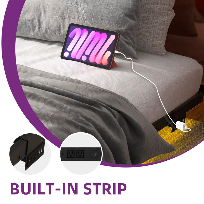 King Black Metal Floating Bed Frame with LED Lights and Charging Station