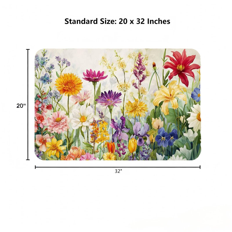 Doux tapis antidérapant à motif aquarelle de fleurs sauvages 20 L x 32 W pour salle de bain, Floral rouge / jaune