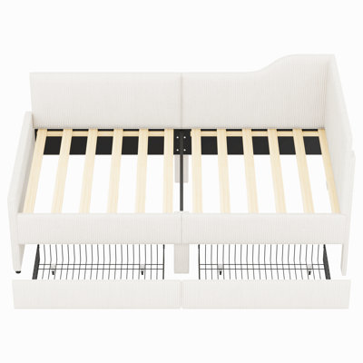 Twin Size L-Shaped Corduroy Daybed,Upholstered Bed Frame With  2 Storage Drawers