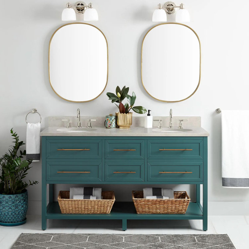 60" Robertson Double Bathroom Vanity Set with Oval Undermount Sinks, Black, 8" Widespread, Feathered White Quartz