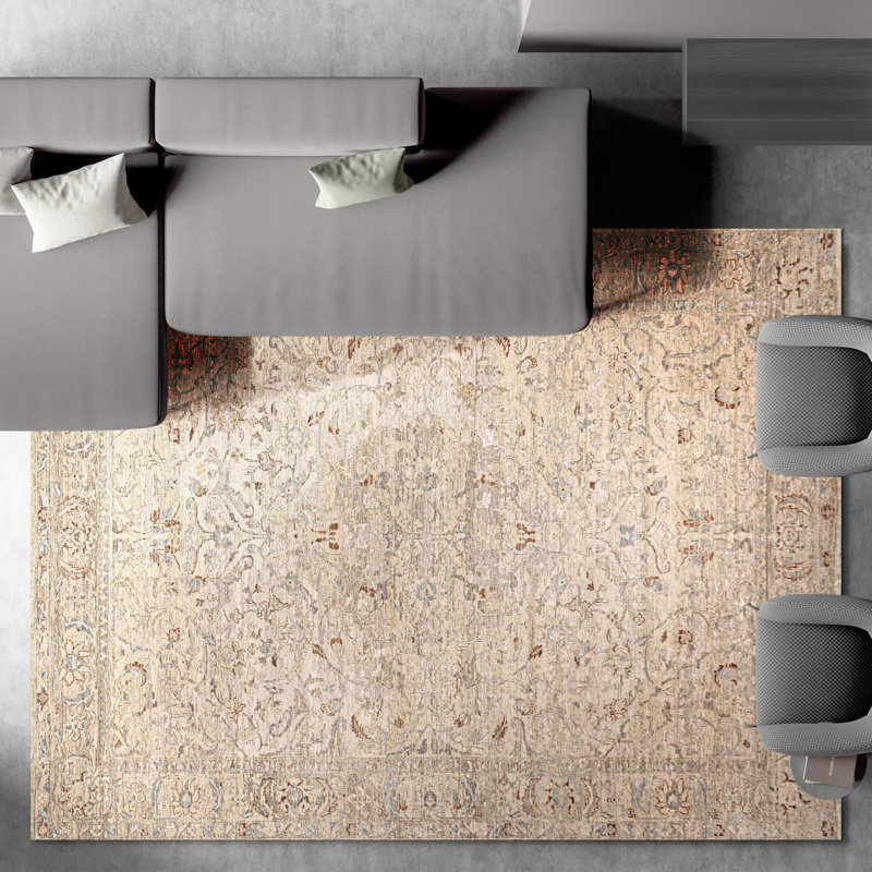 Tapis beige et multicolore de haute qualité noué à la main, Rectangle de 5 pi x 8 pi