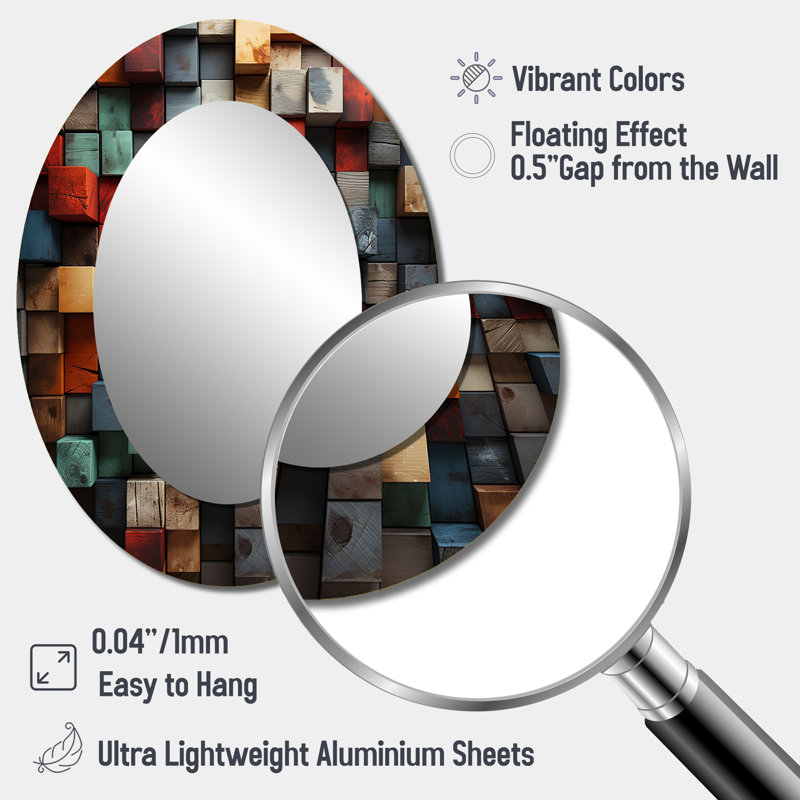 Cubes abstraits bleus et rouges II - décor de miroir mural ovale multicolore, H 40 po x l 30 po