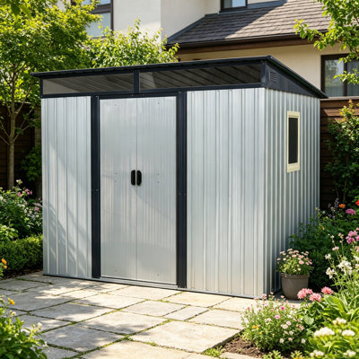 Remise de rangement extérieure imperméable avec plancher et deux fenêtres et porte verrouillable, remise à outils pour le jardin, le patio, la cour arrière, gris