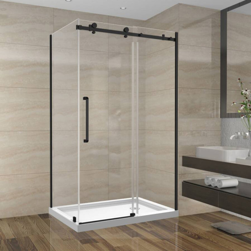 Porte de douche coulissante réversible avec quincaillerie carrée en noir avec panneau latéral de 36 po Sera l 48 po x P 36 po x H 75 po x H 10 mm