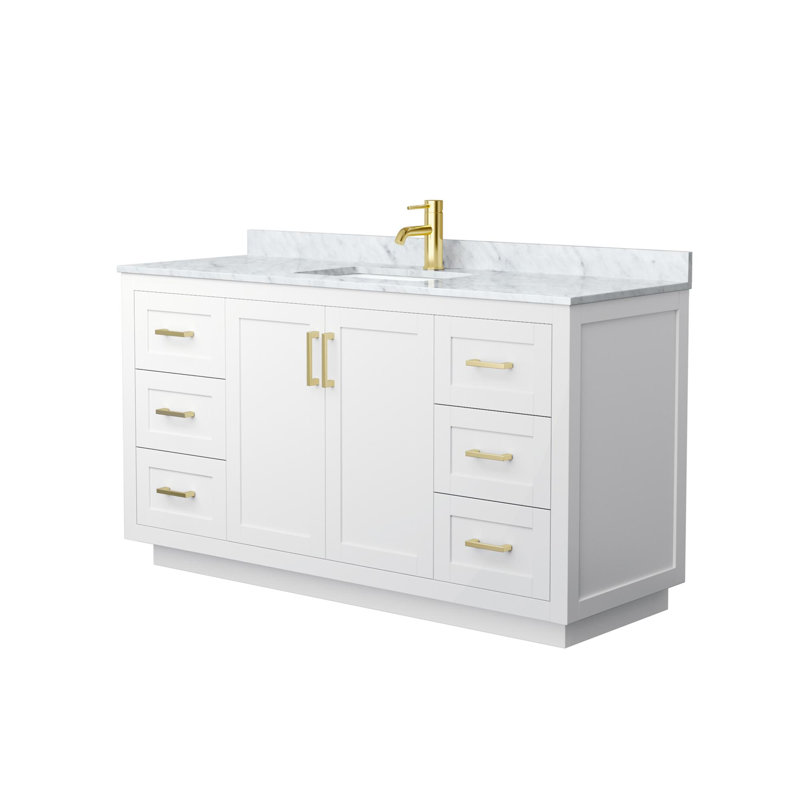 Ensemble de meuble-lavabo simple 60 po avec plateau en marbre Miranda, Blanc, Or brossé