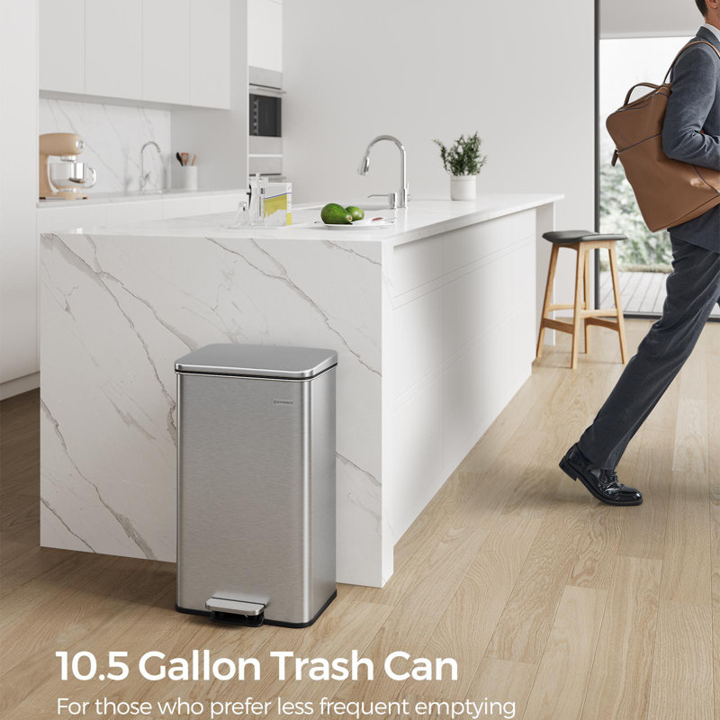 10.5 Gallon Stainless Steel Step On Trash Can with 15 Trash Bags, Silver