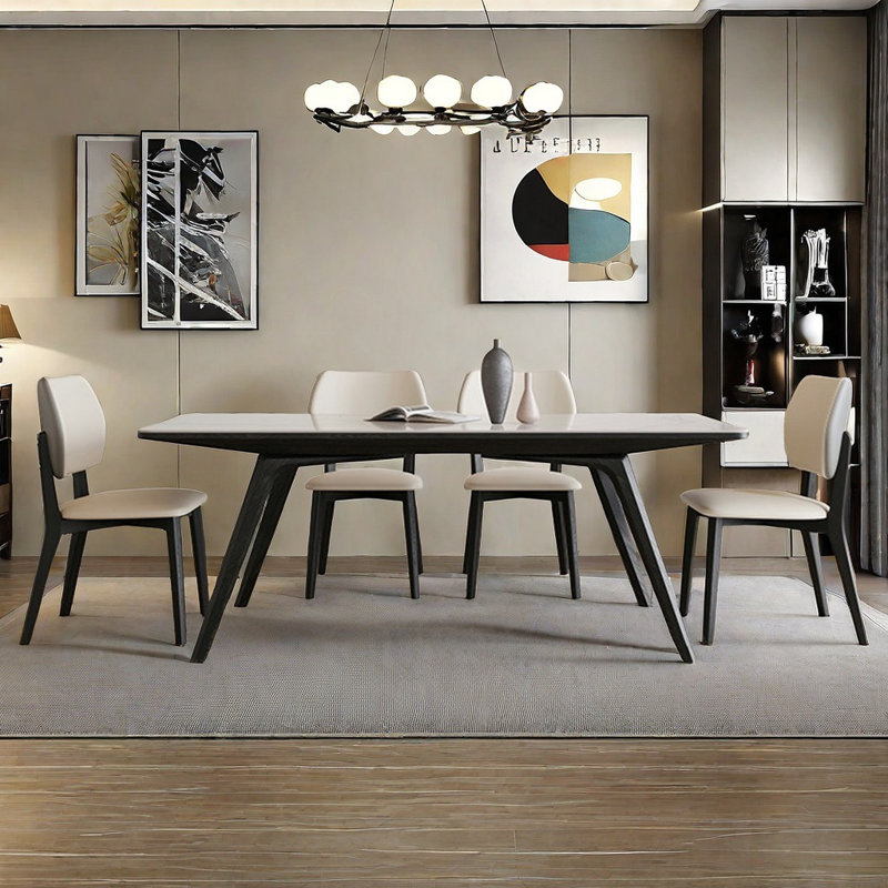 Double-Layer Rock Board Ash Wood Dining Table Set, 29.92"H x 70.86"L x 35.43"W