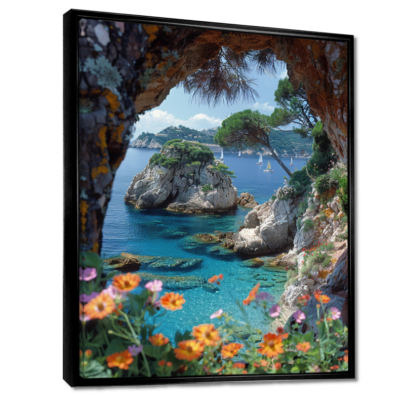 Vue de la grotte, lagon bleu, floraison, paradis, décor tropical mural côtier, Toile avec cadre flottant noir
