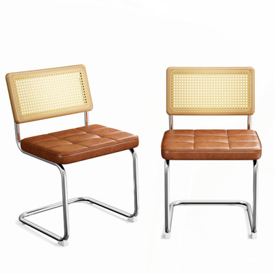 Natural Rattan Dining Chairs Set of 2, Modern Mid Century Breuer Design with Solid Wood Back and Faux Leather Upholstery for Kitchen and Living Room