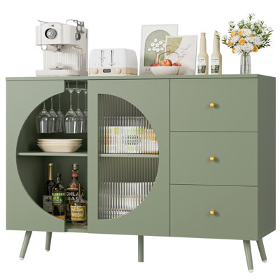 47.2'' Modern White & Gold Wine Cabinet – Glass Door, 3 Drawers, Wine Glass Rack