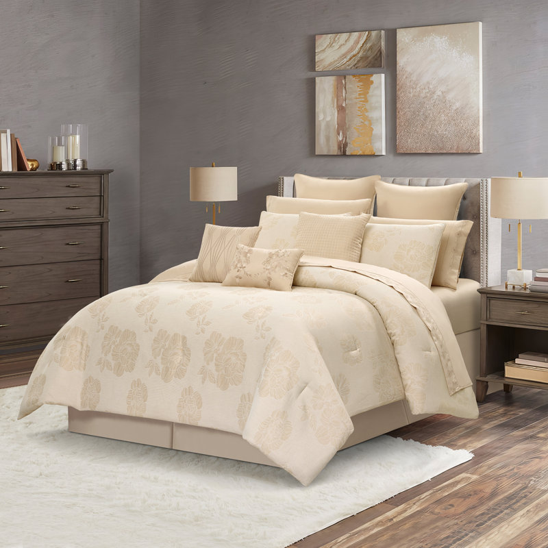 Gold Jacquard Floral King Microfiber Comforter Set