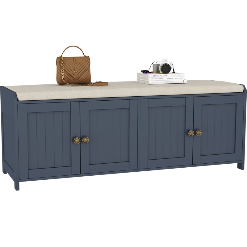 Linen Blend Upholstered Storage Bench, Blue