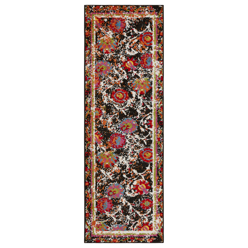 Tapis noir / rouge / orange à motif floral Einike, Tapis de couloir 2 pi 3 po x 7 pi