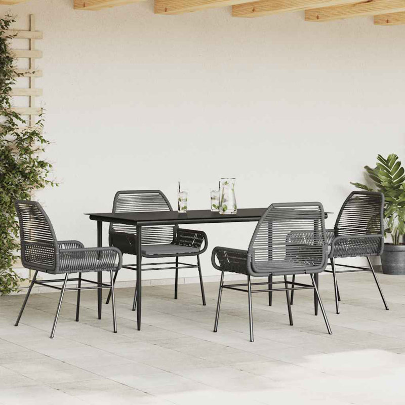 Patio Dining Set With Cushions Poly Rattan Glass, Black/Black, 4, 29.1" H x 31.5" W x 63" L