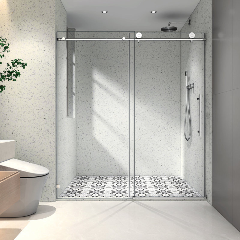 6076 Brushed Nickel Shower Door - One Fixed & Shifted, 70mm 304 Stainless Steel Pulley, Soft Closing Function, Nano Clean, -proof Film, 5/16'' Tempered Glass, Bathroom, American Minimalist With