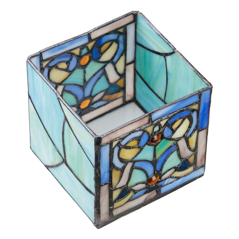 4.75"H Blue Flourishes Stained Glass Candle Holder