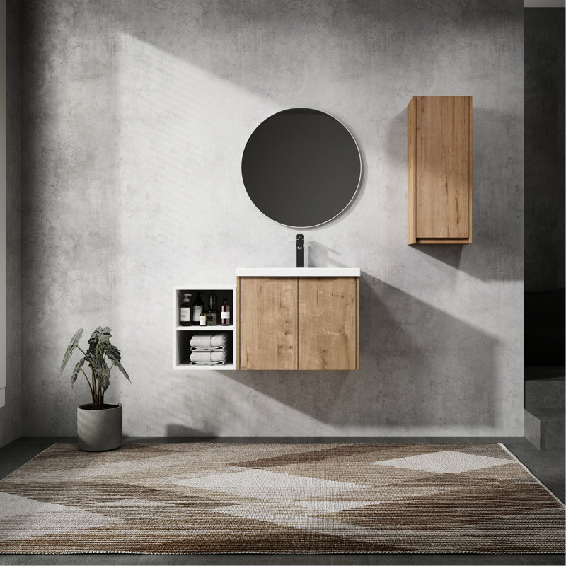 Meuble-lavabo de salle de bain avec lavabo en résine et compartiment latéral - Finition facile à assembler, 36"