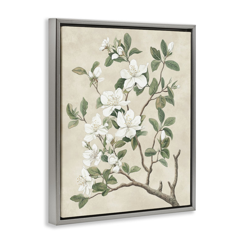 Cadre flottant rétro avec arbre fleuri, design par Petal Prints Design, Cadre flottant gris lustré, H 21 po x l 17 po